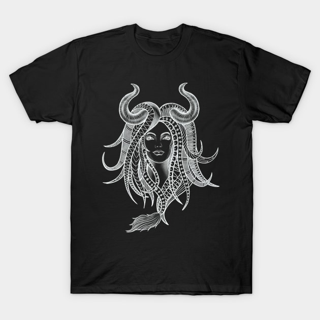 Confident Taurus Woman with Horns and Geometrical Tattoo Design T-Shirt by Tred85